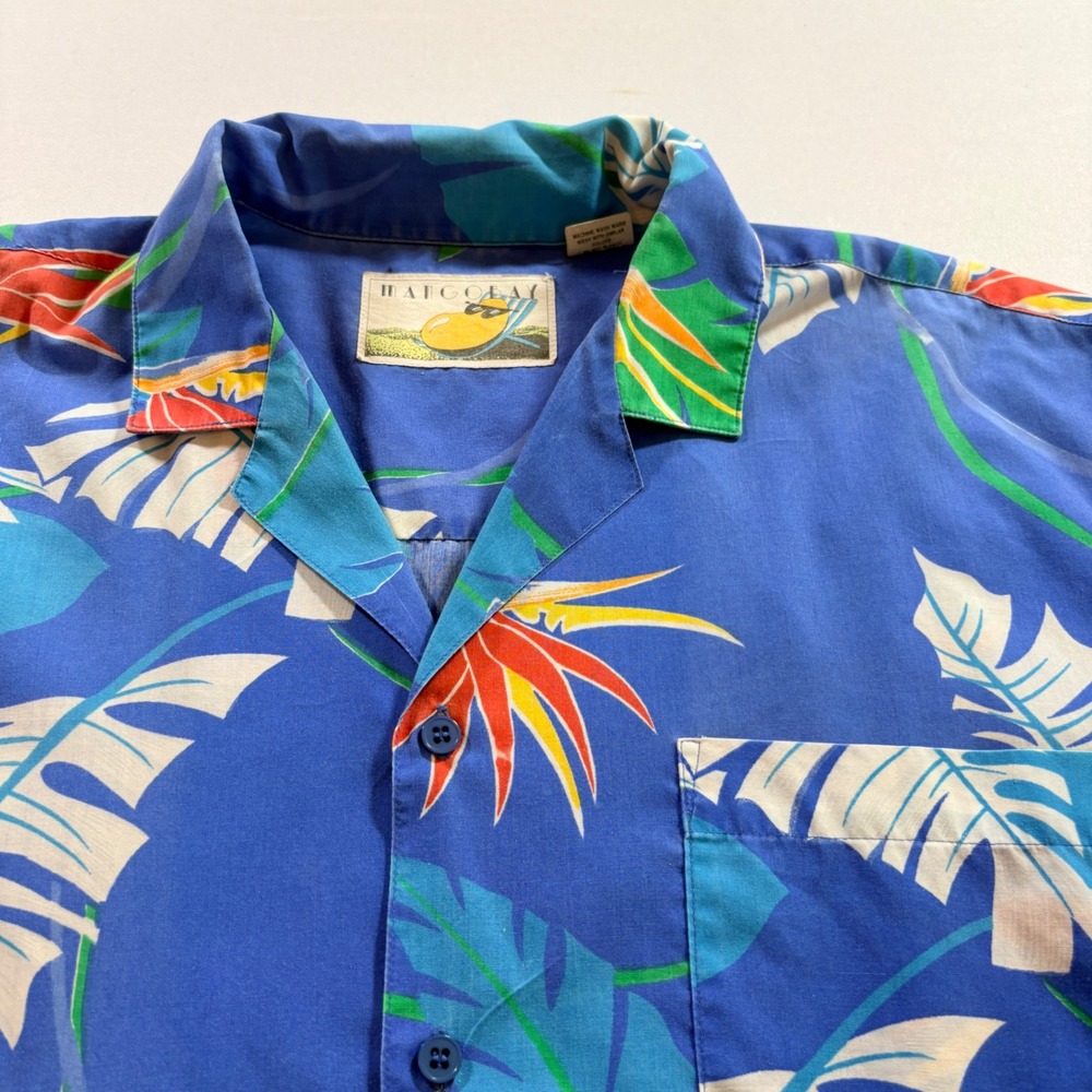 Mango Bay Tropical Hawaiian Shirt Mens Large Blue Bird of Paradise Camp Collar